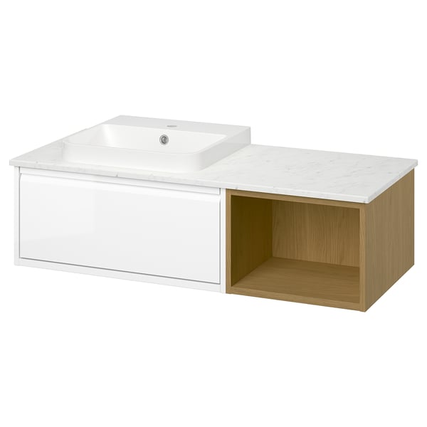 ÄNGSJÖN / BACKSJÖN Wash-stand/wash-basin, high-gloss white/oak effect/white marble effect, 49x21 1/2x16 1/4 "