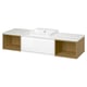 Modern white bathroom vanity, marble top, open shelves, sleek handles.