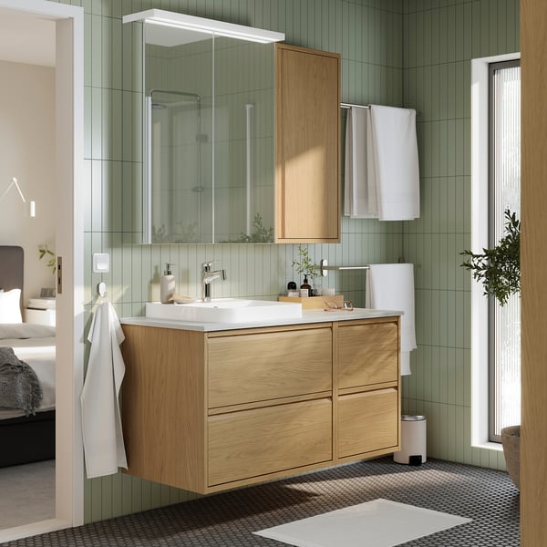 ÄNGSJÖN / BACKSJÖN Wash-stand/wash-basin, oak effect/white marble effect, 49x21 1/2x28 1/4 "