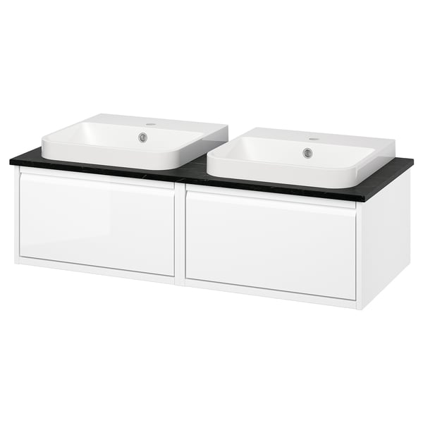 ÄNGSJÖN double white bathroom sink cabinet, glossy finish, with two square basins, wall-mounted.