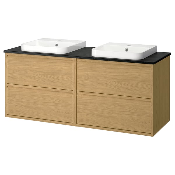 ÄNGSJÖN / BACKSJÖN Wash-stand/wash-basins, oak effect/black marble effect, 61x21 1/2x28 1/4 "