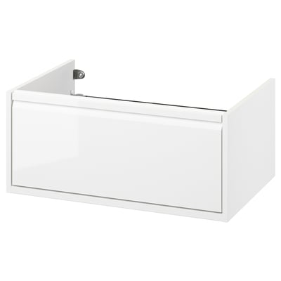 A white ÄNGSJÖN bathroom cabinet with a sleek design and integrated handles. It one drawer for storage and is wall-mountable.