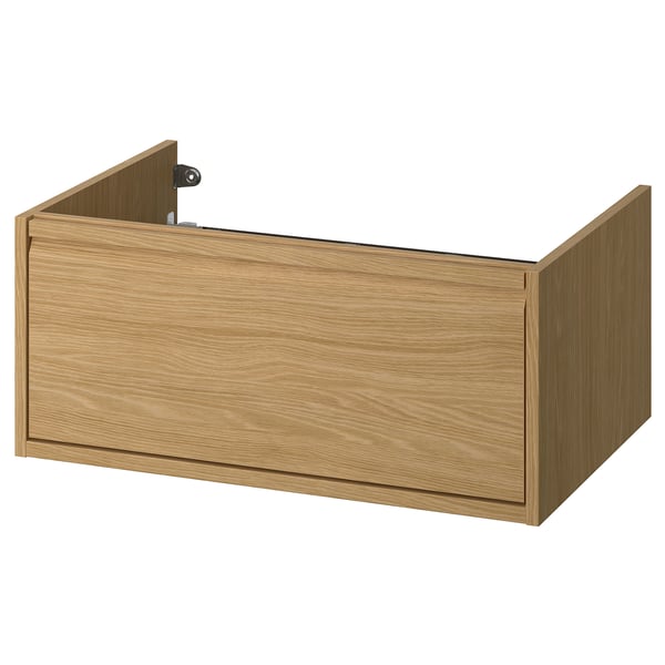 Modern wooden bathroom cabinet, oak finish, wall-mounted with integrated handles & drawer.