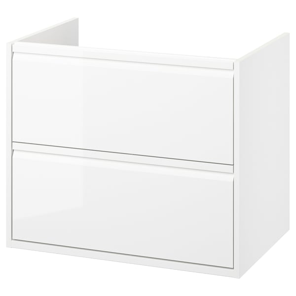 ÄNGSJÖN white bathroom cabinet. Sleek design, wall-mount or legs, two drawers, glossy finish.