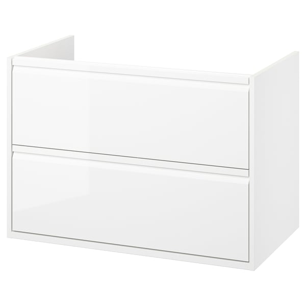 ÄNGSJÖN: modern white bathroom cabinet with glossy finish, integrated handles, and two drawers.