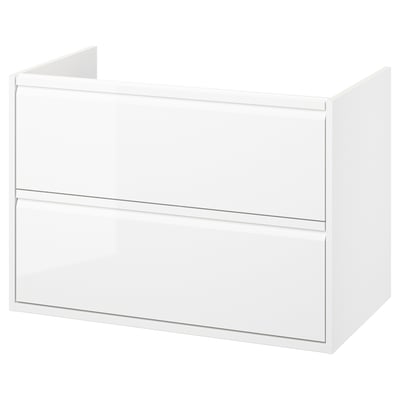ÄNGSJÖN: modern white bathroom cabinet with glossy finish, integrated handles, and two drawers.