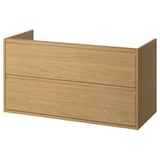 Modern oak-finished bathroom cabinet, minimalist design with integrated handles and two drawers.