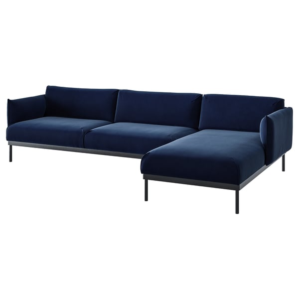 ÄPPLARYD contemporary dark blue l-shaped sofa, minimalist metal legs, deep seats, inviting design.