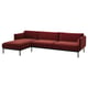 Modern maroon l-shaped sofa with slim metal legs, deep cushions, and recycled fabric.