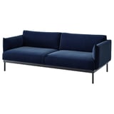 ÄPPLARYD blue sofa: modern, comfy with slim legs, deep blue velvet, rectangular shape.