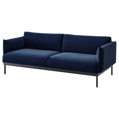ÄPPLARYD blue sofa: modern, comfy with slim legs, deep blue velvet, rectangular shape.