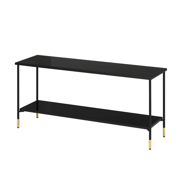Black modern console table with smoky glass top and gold accents. Rectangular shape with two-tier design.
