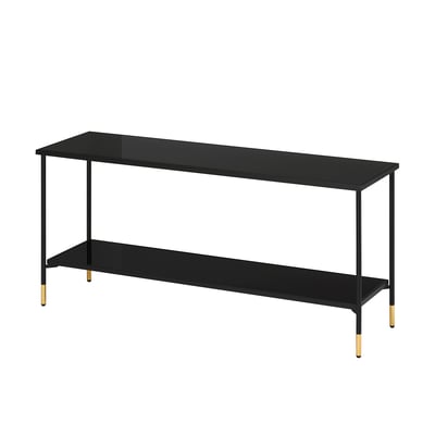 Black modern console table with smoky glass top and gold accents. Rectangular shape with two-tier design.