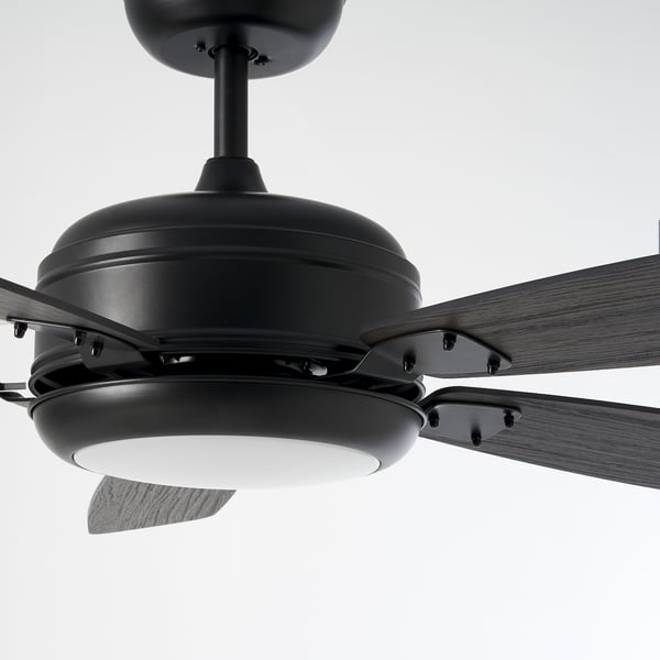 Modern black ceiling fan with wooden blades and integrated led light.