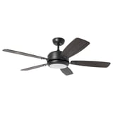 AKTERSKARP black ceiling fan with dark wood blades and led light, designed for large rooms, remote-controlled, modern style.
