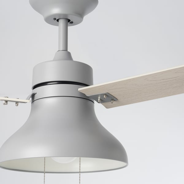 Modern ceiling fan with light. Silver finish, wooden blades. Sleek, stylish design.