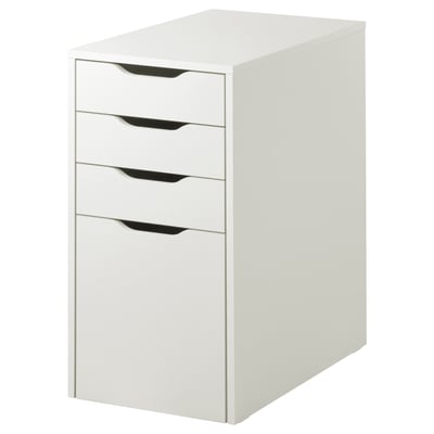A white ALEX cabinet with multiple drawers, featuring a sleek and modern design. Perfect for home or office storage.