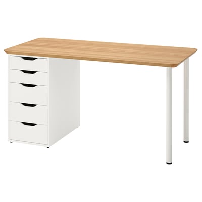 An ANFALLARE desk in white with a light wood top, featuring five drawers on one side.