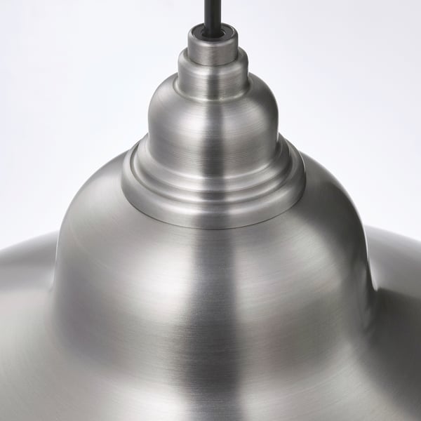 Sleek brushed metal pendant lamp with smooth, rounded shade and sturdy black cord.