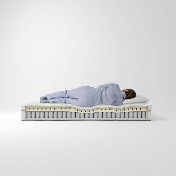 Person sleeping on light blue ÅNNELAND mattress, hybrid design with visible pocket springs and cushioning, set against a white background.