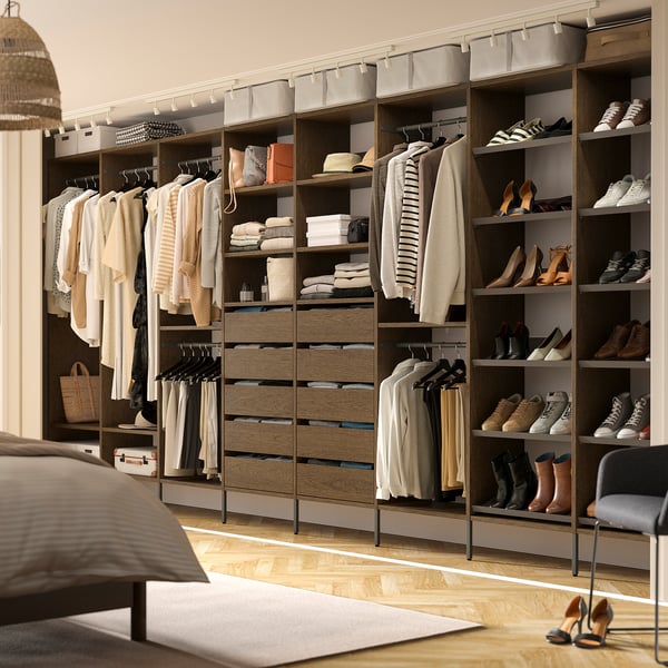 AURDAL Wardrobe combination, brown stained oak veneer/dark gray, 196 7/8x15 3/4x87 "