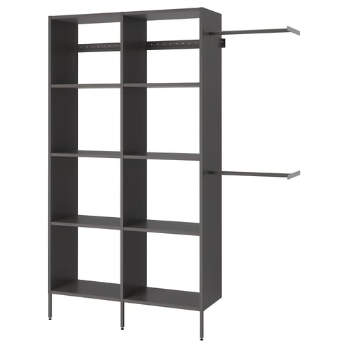 A dark grey AURDAL storage unit with adjustable shelves and hanging rails, designed for customizable closet organisation.