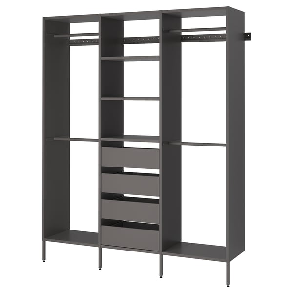 A dark grey AURDAL modular closet with shelves, drawers, and hanging rods for storage.