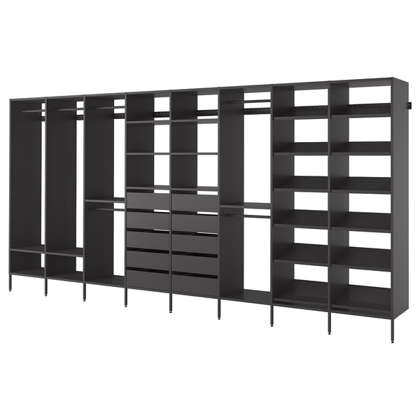 Black AURDAL modular closet system, featuring open shelves and hanging space. Modern, adjustable design for efficient storage.
