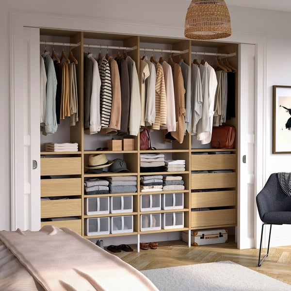 AURDAL Wardrobe combination, oak veneer/white, 98 3/8x15 3/4x87 "
