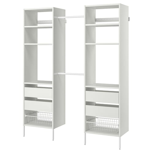 Two white AURDAL storage units with shelves and drawers, featuring a sleek, modern design for closet organisation.