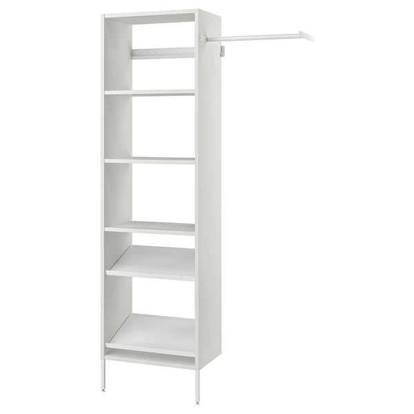 A white AURDAL closet organiser with adjustable shelves and a clothes rail, made of steel and particleboard.