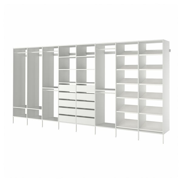 Modern white AURDAL storage system with adjustable shelves and hanging sections for closet organisation.