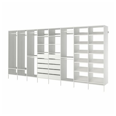 Modern white AURDAL storage system with adjustable shelves and hanging sections for closet organisation.