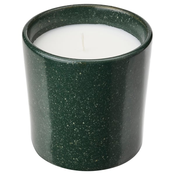 AVMÅLA green ceramic mint scented candle, cylindrical with glaze design.