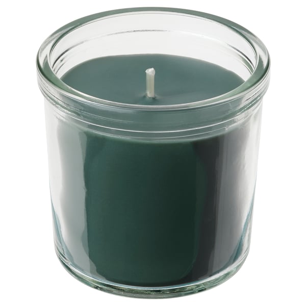 AVMÅLA candle: dark green, glass, circular, unpublished scent.