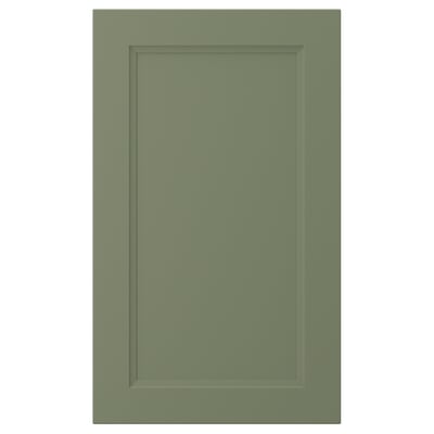 Green-gray cabinet door with flat-panel, modern design.