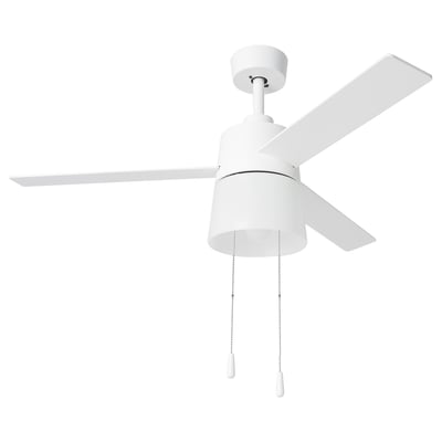 A BACKLAG white ceiling fan with three blades, designed for small rooms. It a central light and pull chains for controls.