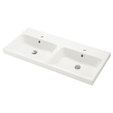 A white BACKSJÖN marble sink with two basins, chrome fixtures, and a sleek, modern design.