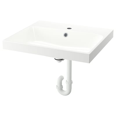 The BACKSJÖN white marble sink with sleek, modern design. Mounted on a wall with visible piping.
