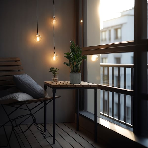 Cosy balcony with hanging lights, modern table, chair, and potted plants, offering relaxation and greenery.