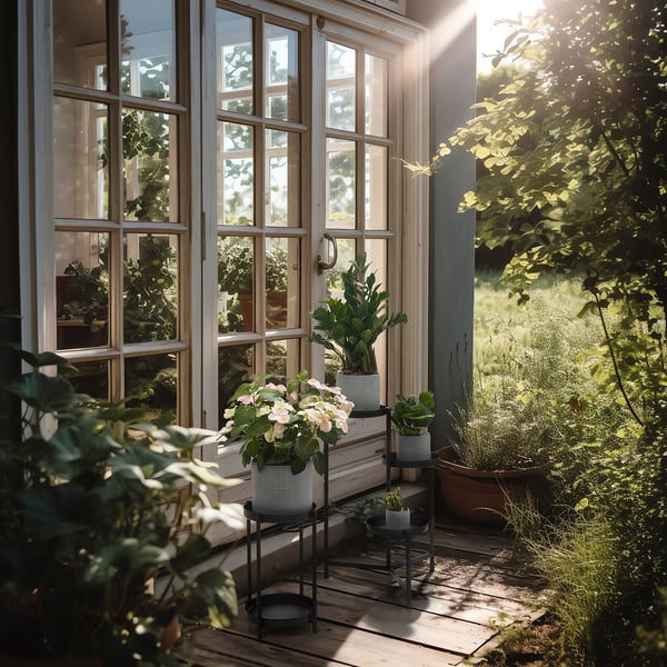 Sunlit window reflects greenery, white pots on black stands.