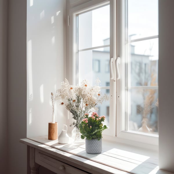 Window sill with white vases holding flowers and plants, enjoying sunlight.