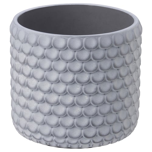 Round, grey concrete planter with textured scale design, flat bottom.