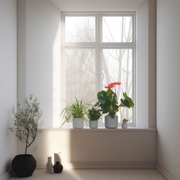 Large window with white wall featuring two red flowers in grey decorative BÄCKDRÅG pots on a wide sill, plus a small plant and vases nearby.