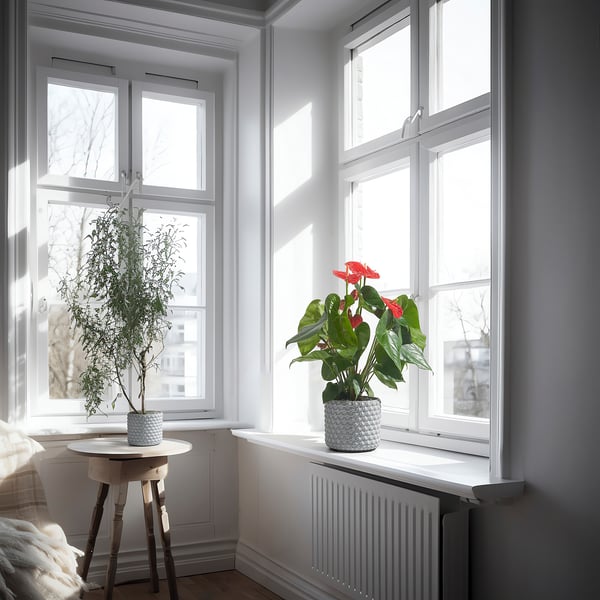 Room with red-flowered and tall green-leaved plants in textured pots.