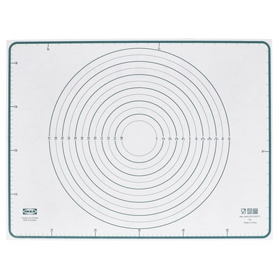 Ikea BAKTRADITION baking mat, clear with green border, circular patterns, measurement markings, oven-safe, silicone.