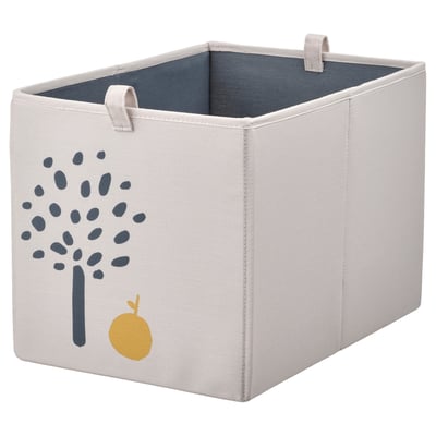 Square grey fabric storage bin with blue tree and yellow fruit design, handles on top.