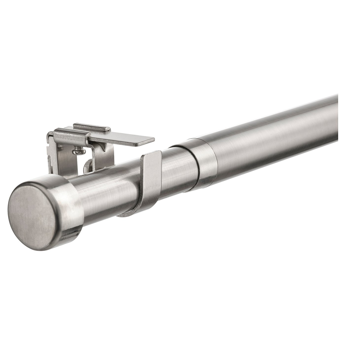 BEKRÄFTA silver curtain rod set, stainless steel, cylindrical shape, includes connectors and brackets.