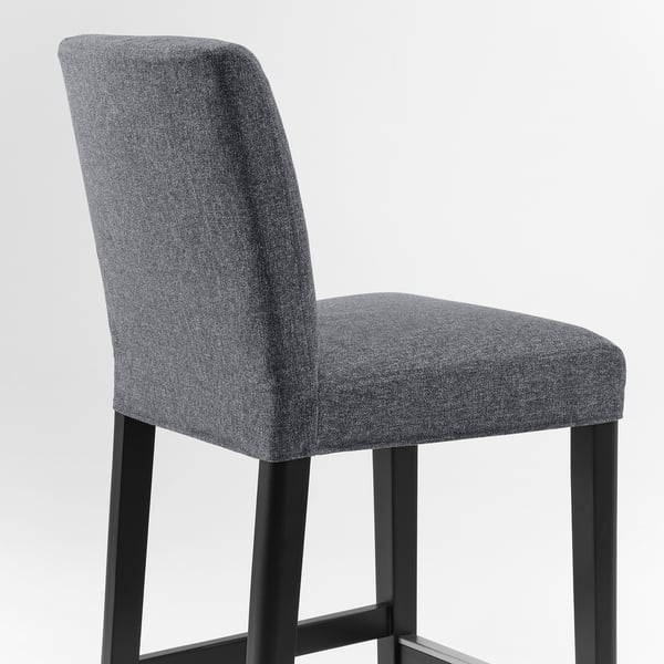 Grey upholstered bar stool with black metal legs, showcasing high-quality comfort and support.