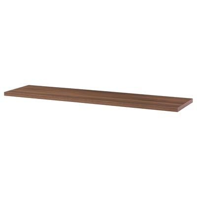 Walnut-colored wall shelf, rectangular shape, bevelled and smooth edges, wood-patterned paper foil.